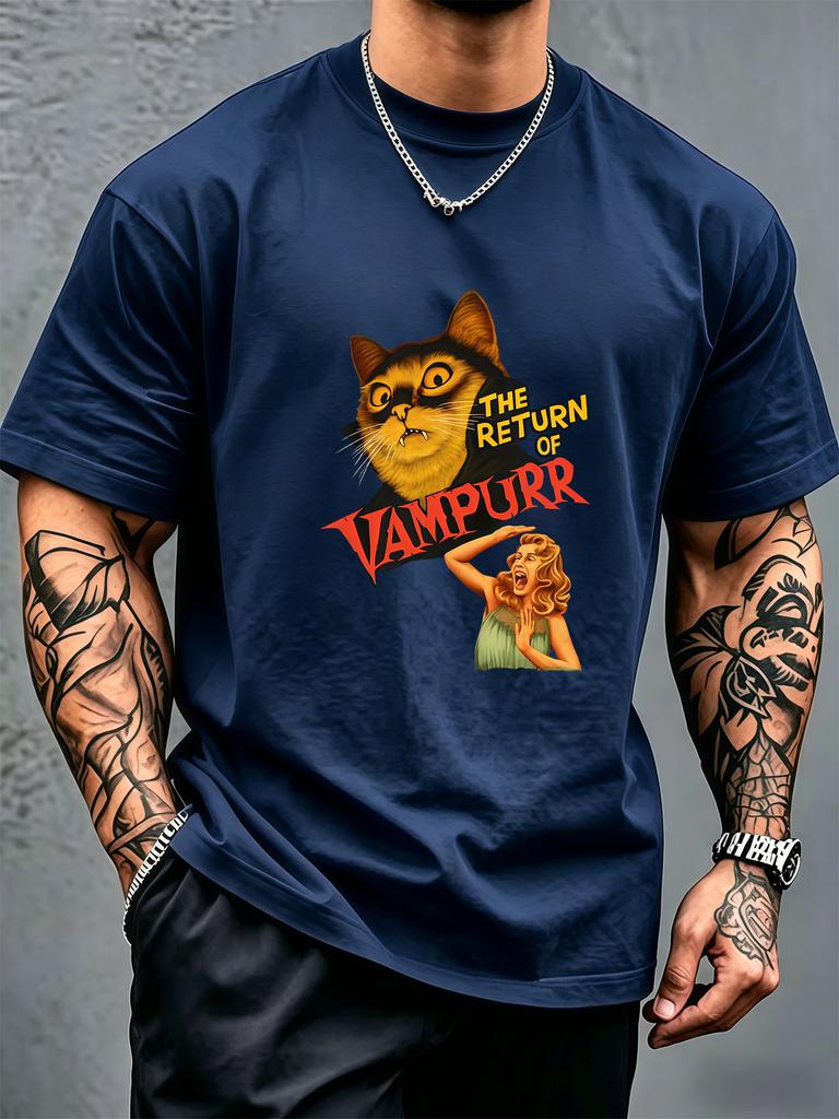 Retro Vampurr Vampire Cat Horror Graphic Unisexs Soft Cotton Short Sleeve Tee Halloween Daily T Shirt For Cat Lover Adult Male Fans
