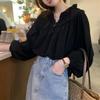 Korean Fashion Spliced Ruffles Shirt French Style Retro Blouse for Women Puff Sleeve Sweet Ladies Casual  Loose Elegant Chic Design Shirts Tops