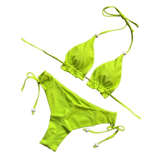 2Pcs/Set Sexy Women Bikini Set Solid Color Halter Bra High Waist Lace-up Briefs Set Push Up Swimsuit Quick Drying Beach Wear