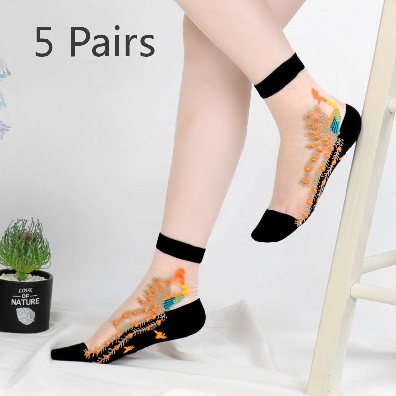 

5 пар женских весенне-летних тонких носков из хлопка с национальным ветром и трубчатых носков из стекловолокна 5 Pairs белый/чёрный