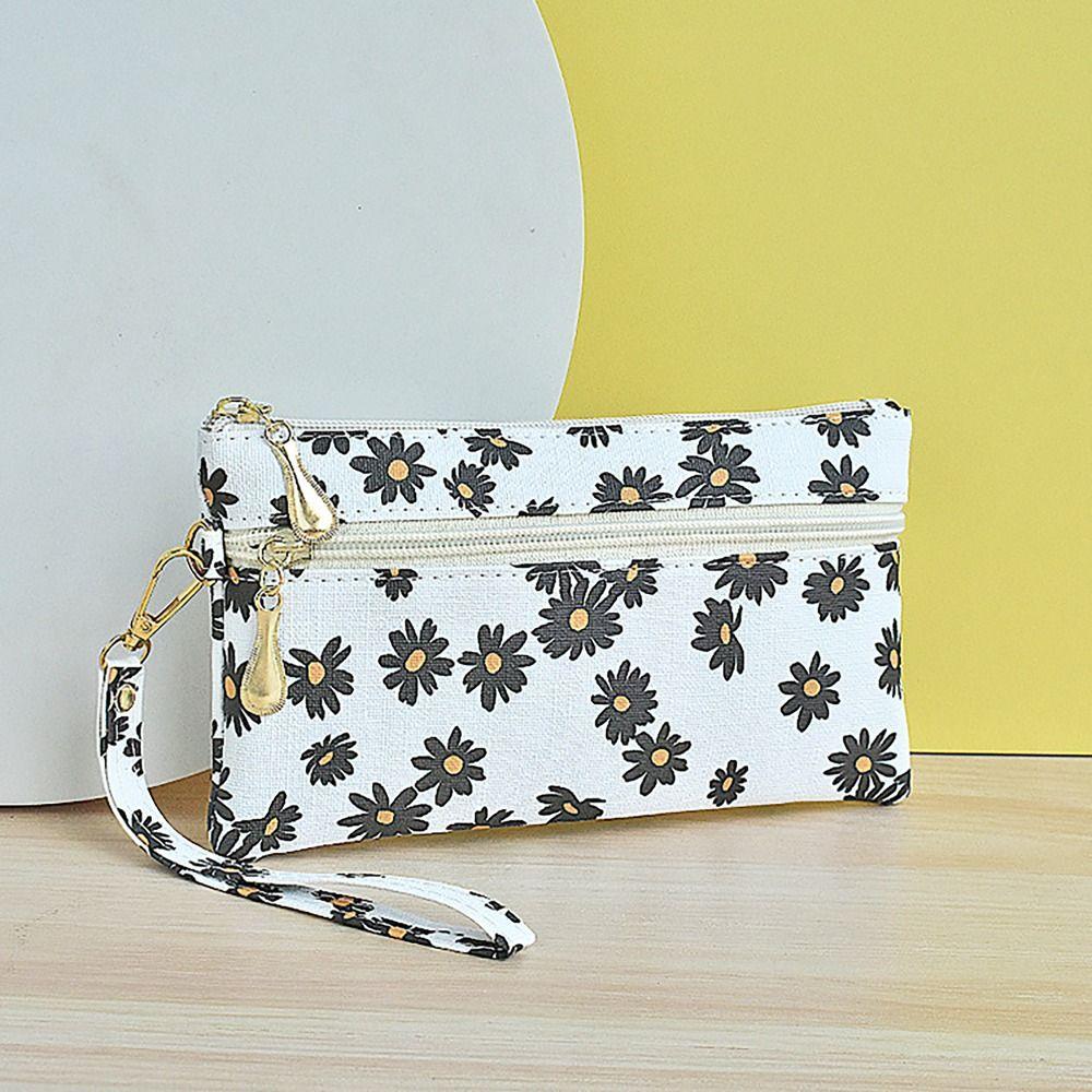 PU Leather Money Coin Purse Wear-resistant with wrist strap Credit Card Holoder Daisy Printed Zipper Phone Bag for Women Maiden