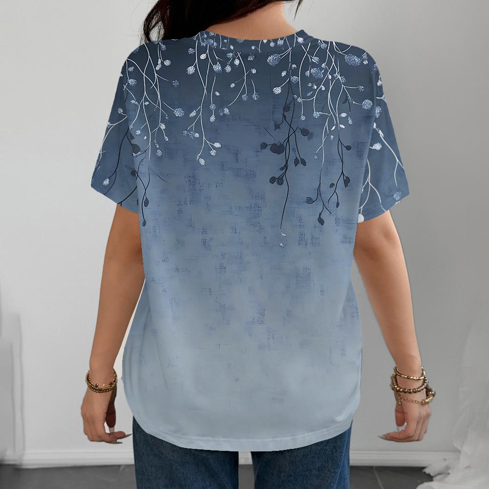 Blue And White Flower Pattern Women's T-shirt Casual Fashionable Comfortable Summer Round Neck Short Sleeve Y2k Streetwear