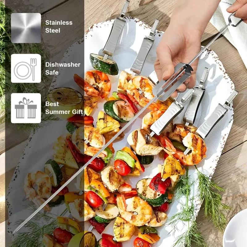 Wiederverwendbare BBQ Outdoor Grillspieße Edelstahl Grill Schnellverschluss Metall Schiebegriff Tragbares BBQ Werkzeug