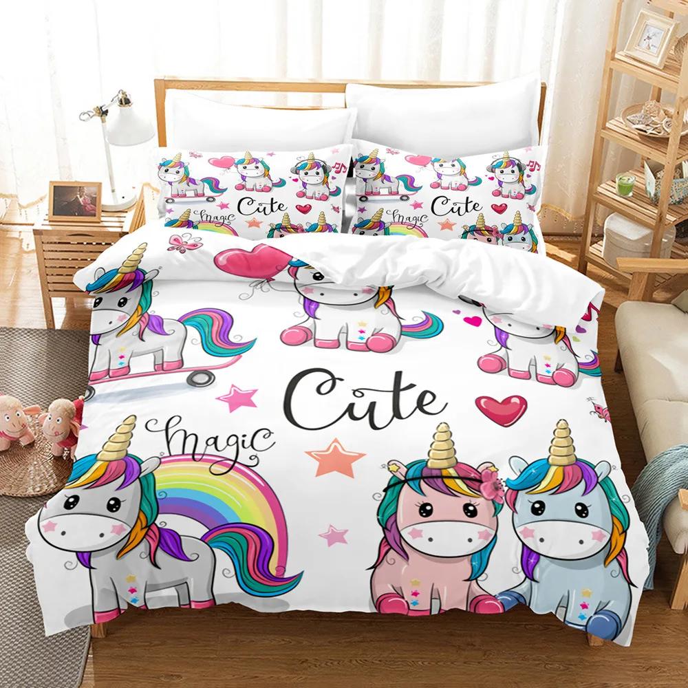 Double And Single Bed Bedding SetLovely Princess UnicornsPink Cute Bed CoverPillowcaseHigh Quality Comfort Sets2 Pcs3Pcs