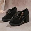 High Heel Low Top Fall New Round Metal Buckle Front Lace-Up Side Zip Non-Slip Platform Block Heel Boots