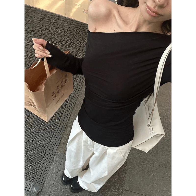 New Pure Spring and Autumn Long-sleeved T-shirt for Women with Slim Slim Collar Off-shoulder Slim Bottom Shirt Top