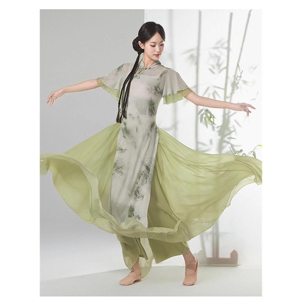 Women's Chinese Traditional Dance Dress, Bamboo Print Cheongsam Style Flowy Practice Costume For Tea Art & Folk Dance
