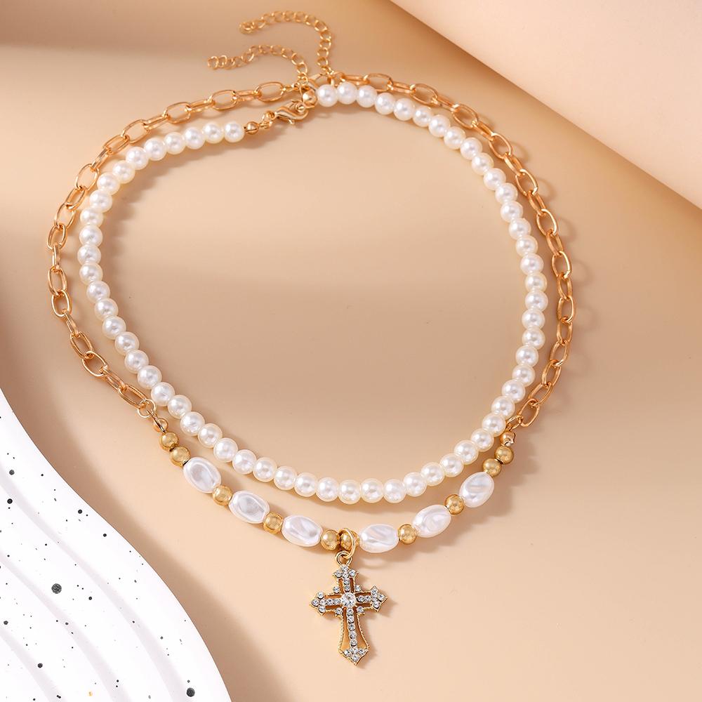 2pcs Elegant Cross Pendant Necklaces for Women Girls Pearl Choker Necklace Handmade Party Jewelry Gift