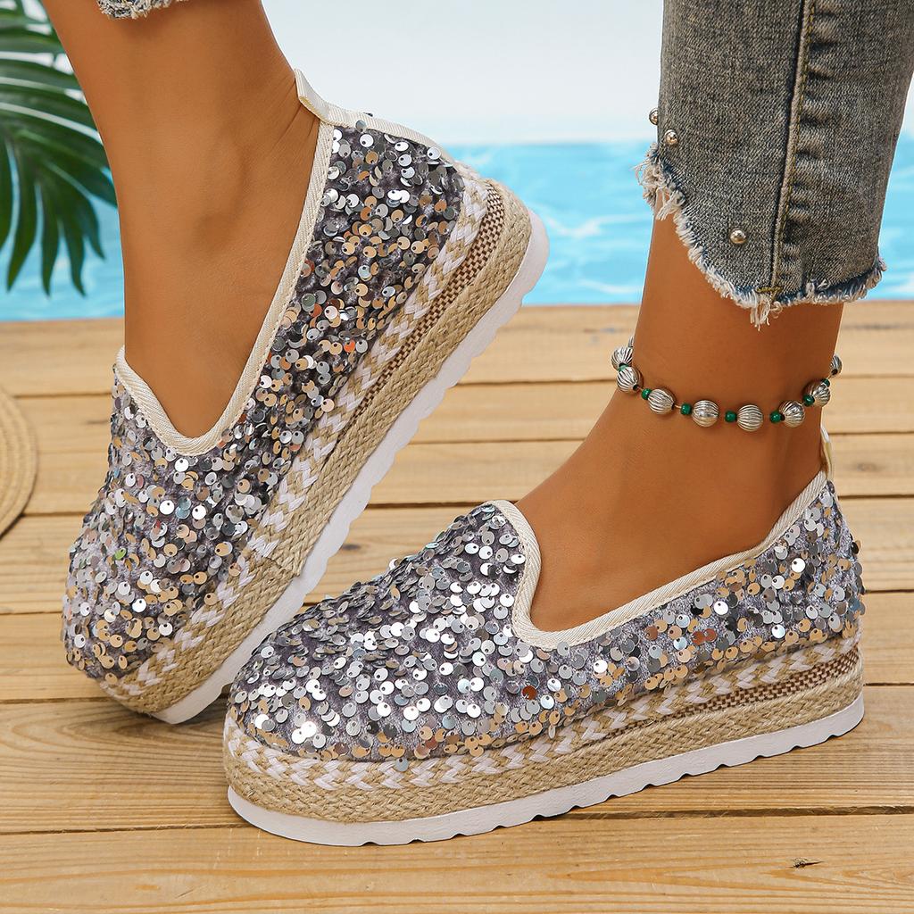 Platform loafers women's casual single shoes spring 2025 new rhinestone sequins one-pedal lazy beanie shoes
