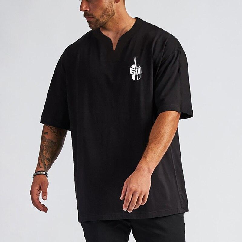 Do The Work Oversized Men V-neck Drop Shoulders Gym Sports Bodybuilding Fitness Loose Cotton Streetwear Letter Printed T-shirt