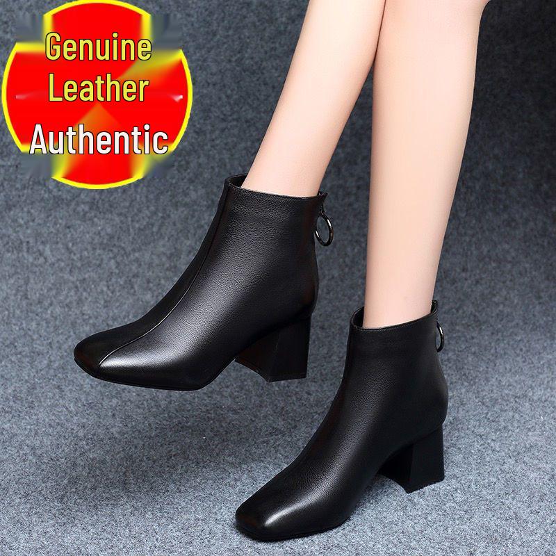 Damskor, Ankelboots med Tjock Klack, Äkta Läder, Mjuk Bomullsfodrade, Med Sammet, Vinter 2025 Nytt Martin-stil.