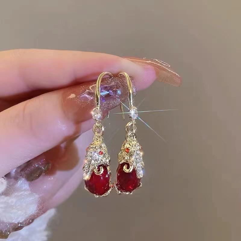 925 Retro Pixiu Alloy Earrings: Elegant Red Dangle Ear Studs for Women