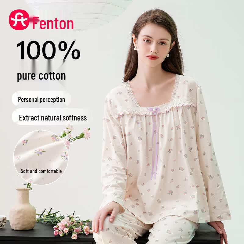 Fenteng Women s Pure Cotton Long-Sleeve Loungewear Set L