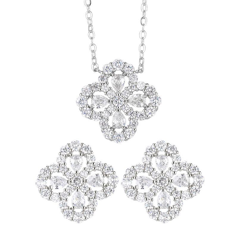 Huamei Jewelry Set Earstuds S925 Silver Needle Necklace With Zircon Clover Clavicular Chain Fashionable Versatile Women