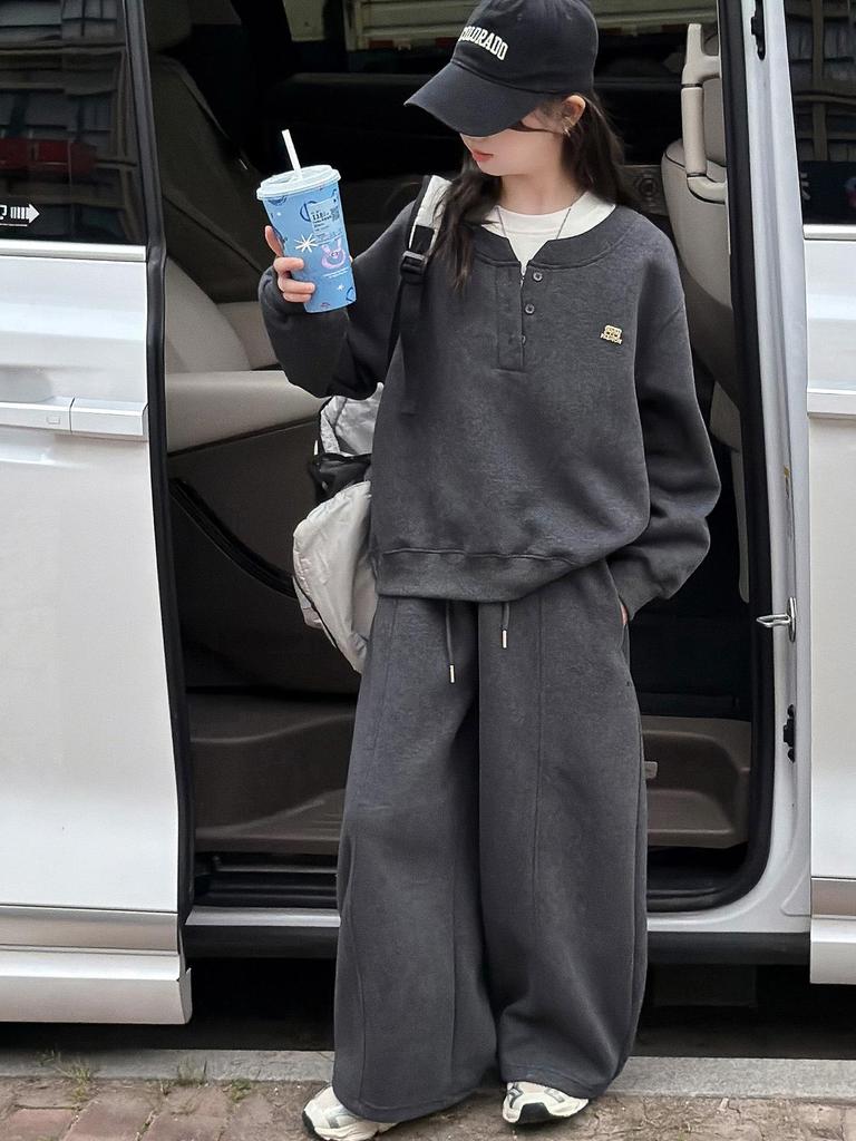 Girls' Faux Two-Piece Hoodie & Wide-Leg Pants Set – Korean Style for Autumn/Winter 2026