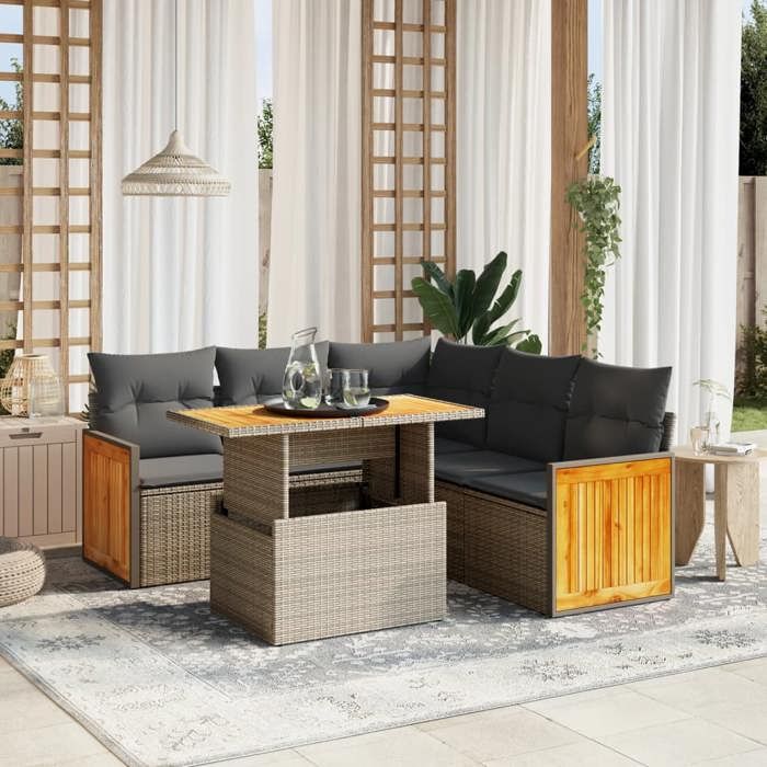 VidaXL Salon de Jardin avec Coussins 6 pcs, Canapés de Terrasse, Ensemble de Meubles de Patio, Mobilier d'Extérieur, Beige 3273958