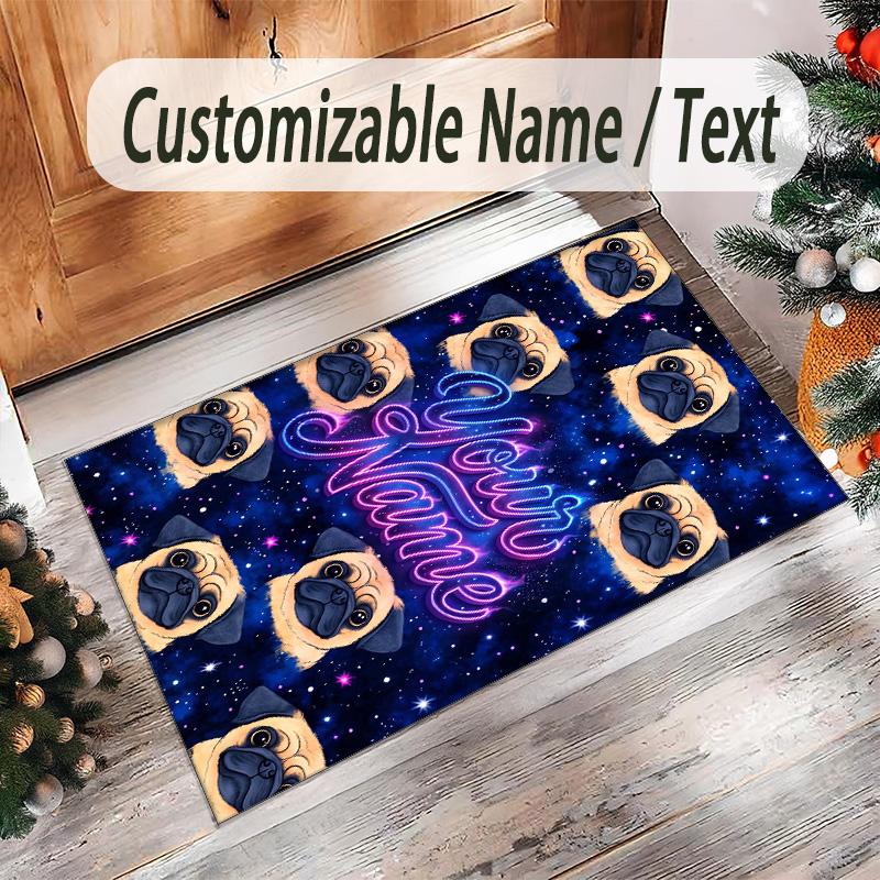 Pug Theme Crystal Velvet Floor Rug Personalized Custom Name Text Warm Carpet Home Decoration