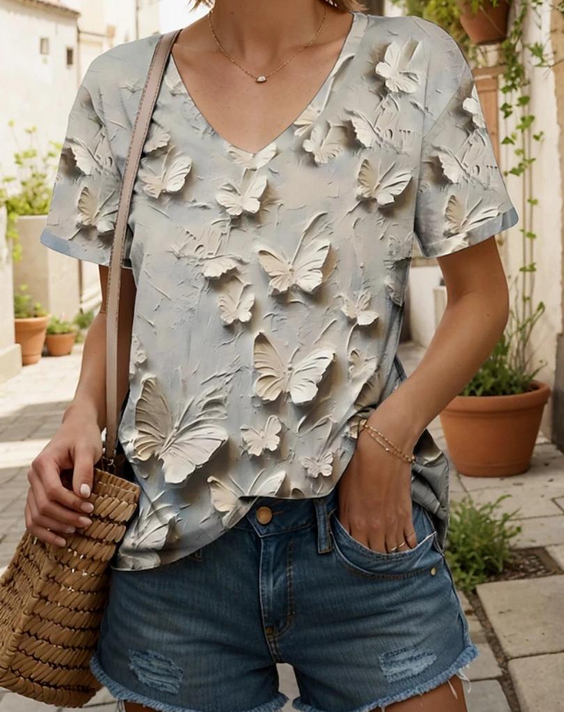 Summer Butterfly 3D Print T-shirt Women Streetwear Casual T Shirts Y2k Tops Woman Harajuku V-Neck Tees Oversized Clothing