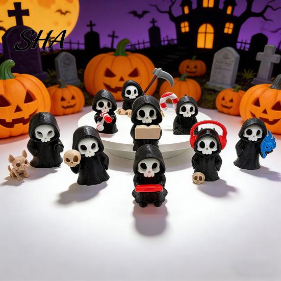 High Quality 3D Prints 9Pcs Grim Reaper Figurines, Cool Skull Skeleton Statues, Gothic Dark Halloween Bedroom Decoration for Home Desk, Spooky