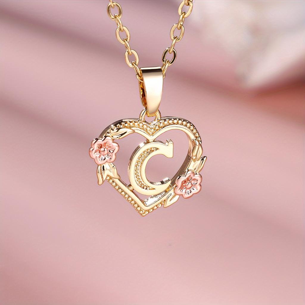 1 Pc Golden Color 26 English Letter Heart Necklace Rose Flower Pendant Wedding Band Jewelry Valentine's Day Gift