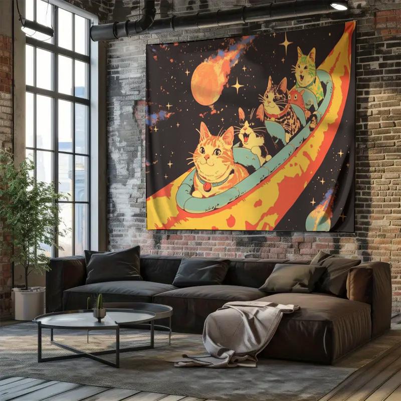 Space Adventure Cat Tapestry  Fun  Creative Home Wall Decor