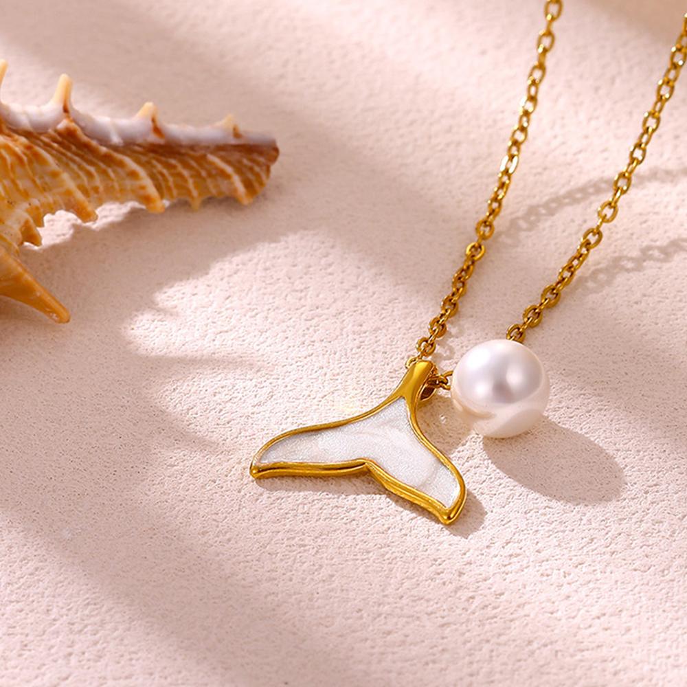 Whale Tail With Pearl Pendant Necklace For Women Girls Summer Stainless Steel Charm Fishtail Jewelry Birthday Gifts Waterproof