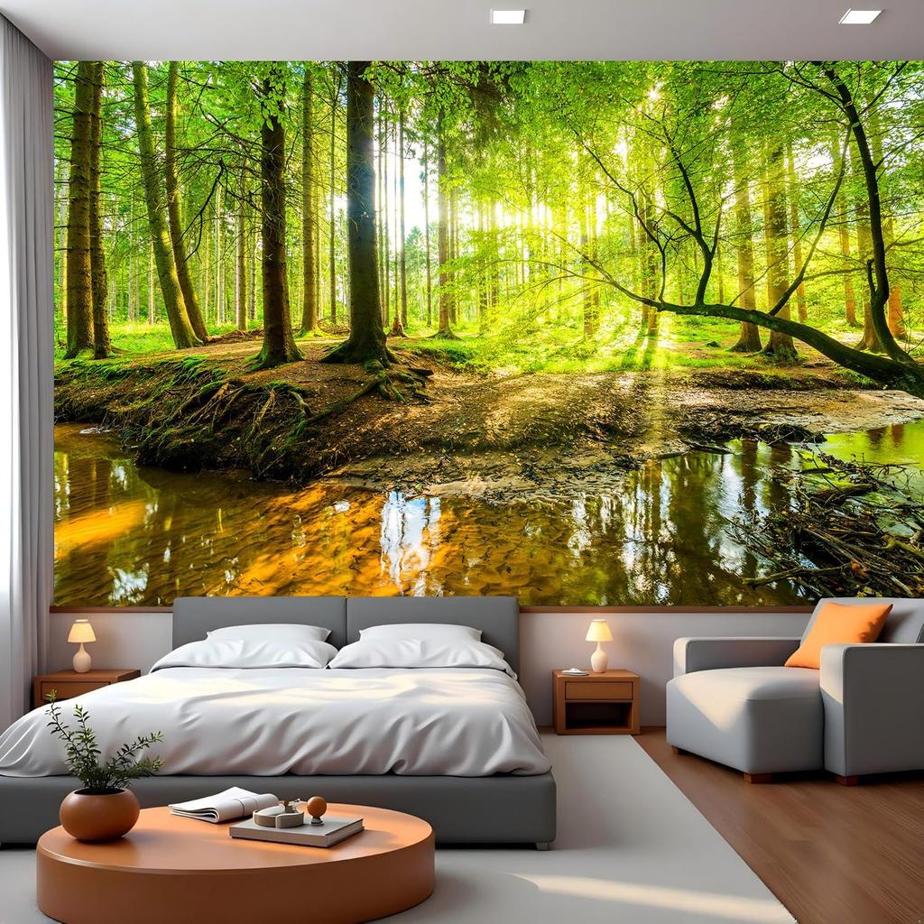 Papier peint mural Forêt ensoleillée Arbres verts Nature pour Chambre à coucher Décoration de maison
