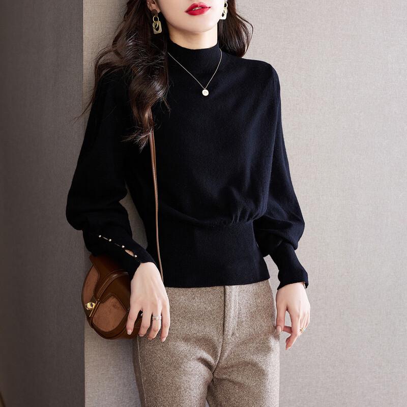 

Srcr Women s Pure Wool Semi-High Neck Lantern Sleeve Knit Sweater L