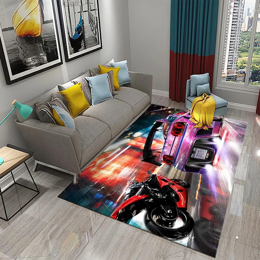 3D Vintage Cool Classic Motorcycle Carpet Oil Painting Art Carpet Home Bedroom Living Room Decorations Rug Bathroom Non-Slip Mat