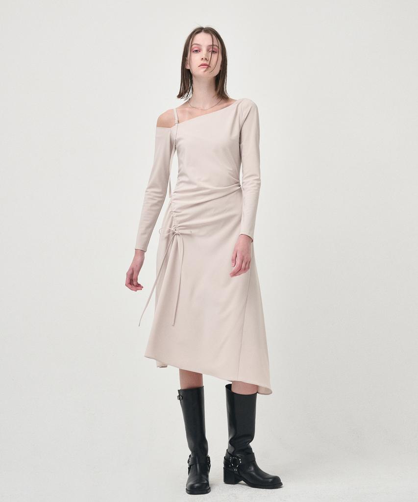 Etmont One Off Shoulder Shirring Dress, Beige