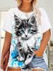 [Plus Size Cat T-Shirt] Plus Size Women's 3D Printed Cat Pattern T-Shirt - Summer Casual Round Neck Short Sleeve Top. Breathable Machine Washable Outd