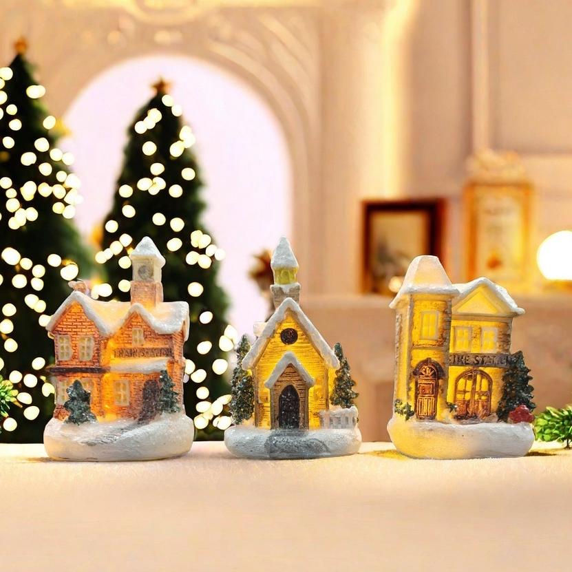 Luminous Color/Grey House Decorations, Country Building House Scene, Handmade Resin House with LED Lights, Indoor Festival Party