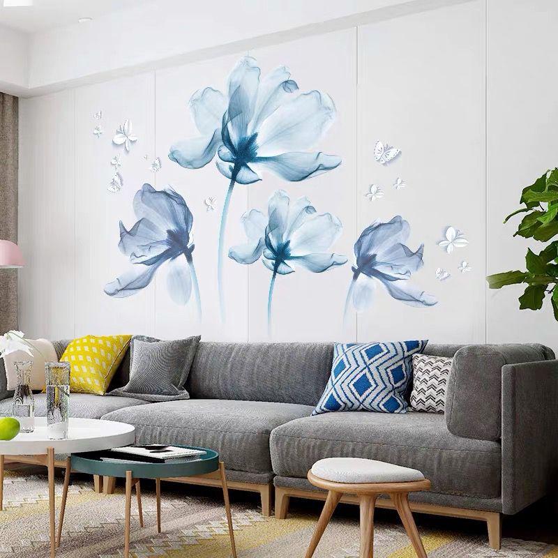 3D Blue Romantic Flower Wall Sticker Removable Self Adhesive Wallpaper for Bedroom Home Decor Decorative Background