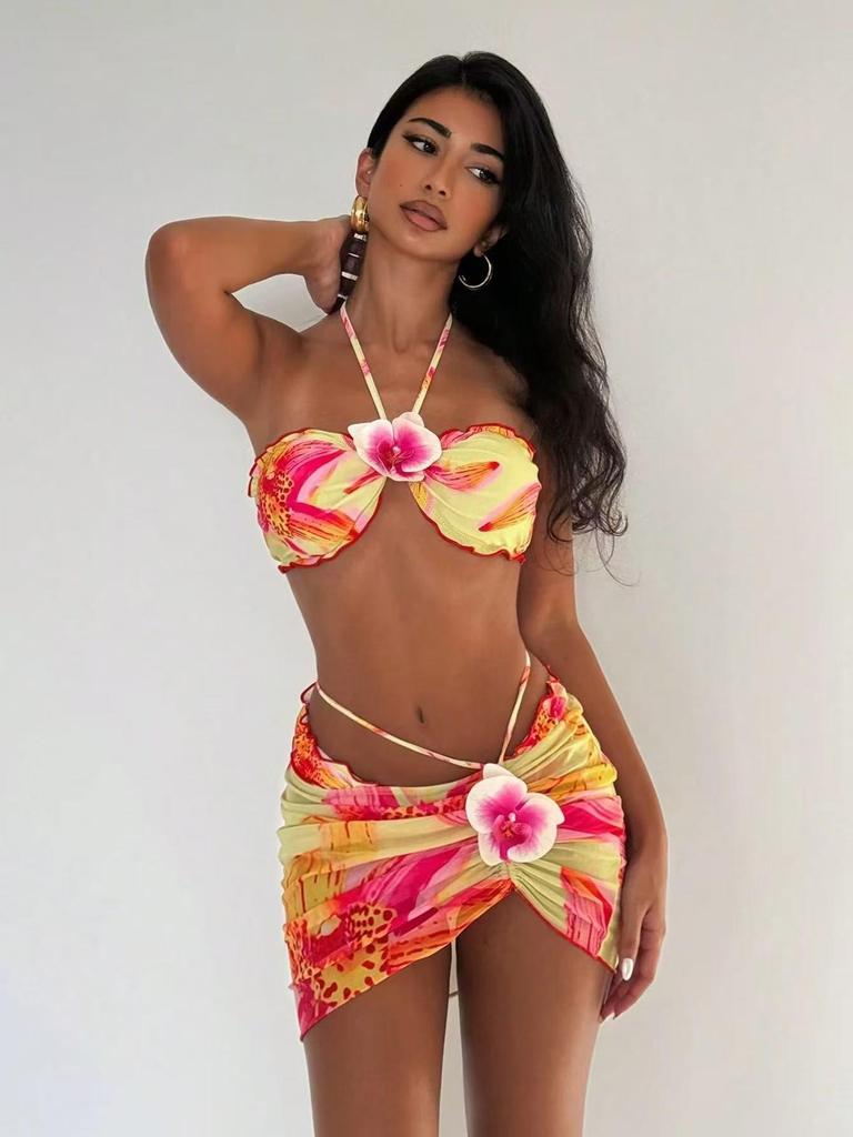 European & American Style Tie-Dye Backless Bodycon Bikini Three-Piece Set (2026 Resort Collection)