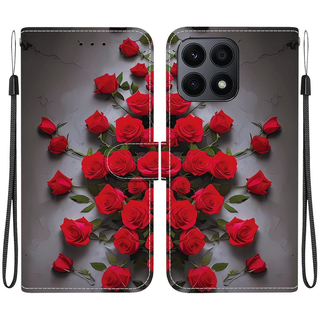 Ręcznie robione etui z klapką z PU skóry dla Honor X8a Antypoślizgowe Wstrząsoodporne Etui z Paskiem na Nadgarstek i Wzorami Serca/Róży Kota