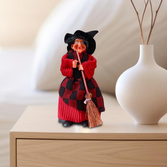 Halloween Witch Doll Decoration Spooky Witch Statue with Broomstick for Home Living Room Fireplace Mantel End Table Desktop Decor