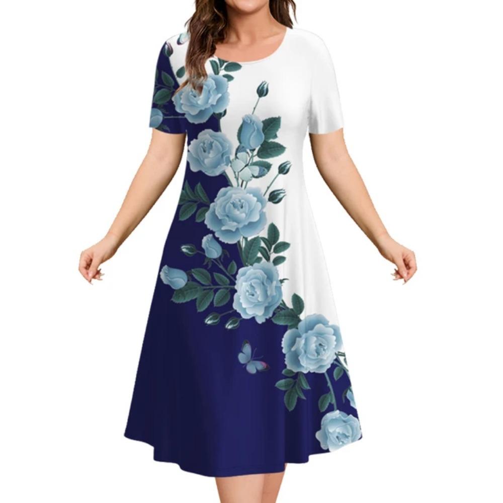 Estampa floral feminina elegante vestido midi, roupas femininas de manga curta extragrande, moda verão, 2024