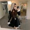 [] Lace Splicing Contrasting Color Hooded Long-sleeved Dress Women's Autumn Fashion Waist and Thin Short Skirt
