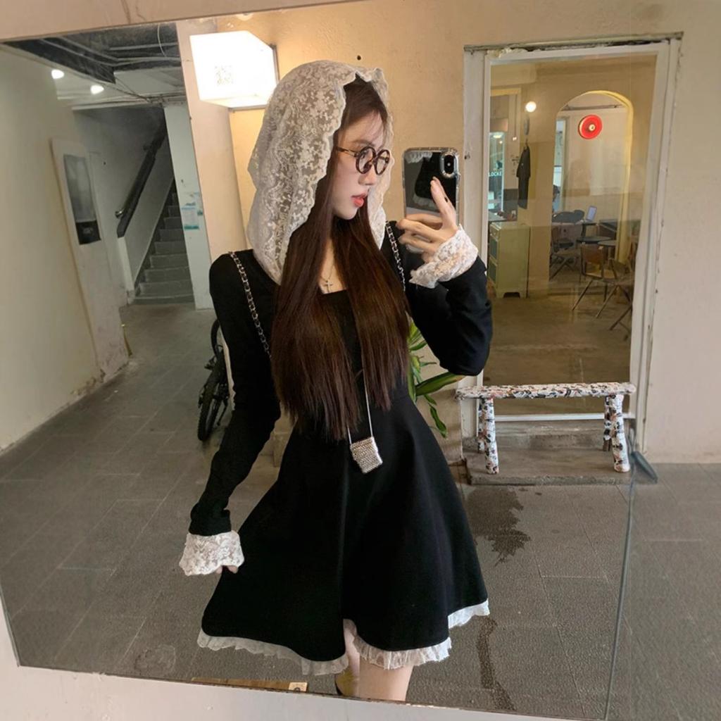 [] Lace Splicing Contrasting Color Hooded Long-sleeved Dress Women's Autumn Fashion Waist and Thin Short Skirt