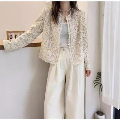 Women Spring Autumn Clothing Lace Hook Flower Short Coat Long Sleeved  Thin Cut Hollow Top