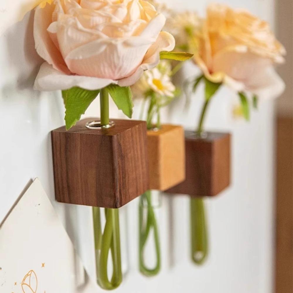 Wooden Test Tube Vase Refrigerator Magnet Hydroponic Plants Propagation Vase Planter Home Kitchen Locker Fridge Decoration