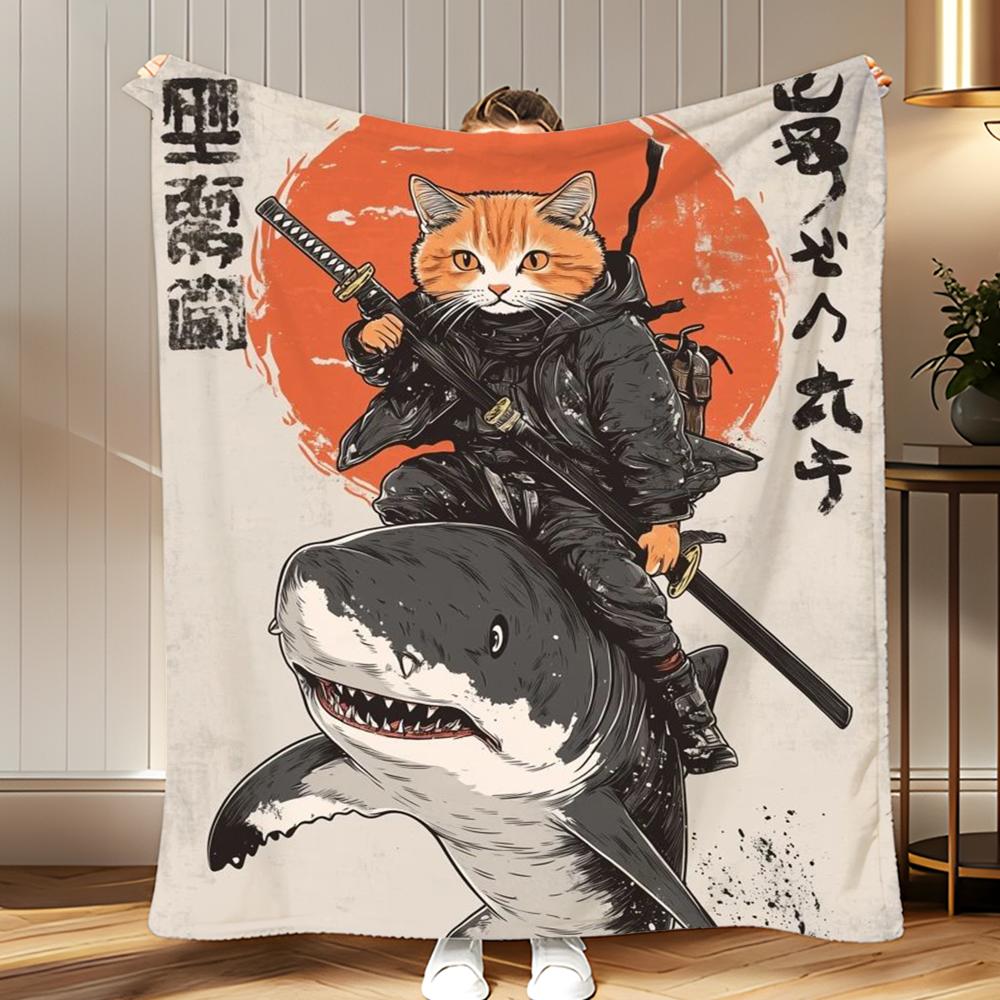 art theme Japanese Style Cat Throw Soft Coral Fleece Blanket 310gsm Fluffy Warm Throw for Sofa Bed Couch Bedroom Decor