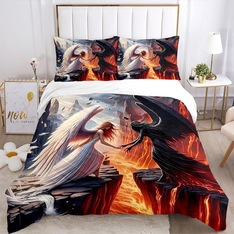 3pcs Angel vs Devil Fantasy Art Print, One Quilt Cover and Two Pillowcases (No Core), Anime Cartoon Design for Bedding Set, Home Decor, Gift