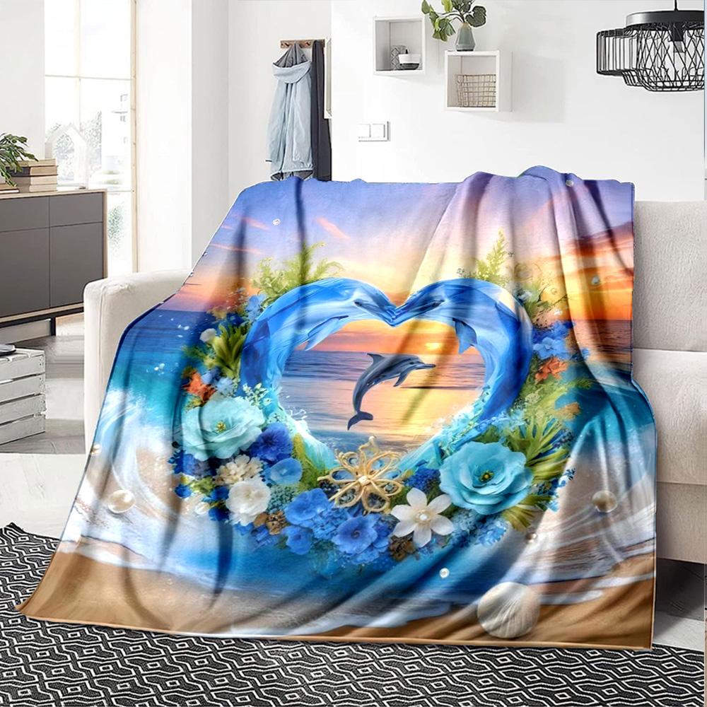 Dolphin Ocean Sunset Print Flannel Throw Blanket, Soft Warm Cozy Blanket for Sofa Bed Couch Home Decoration