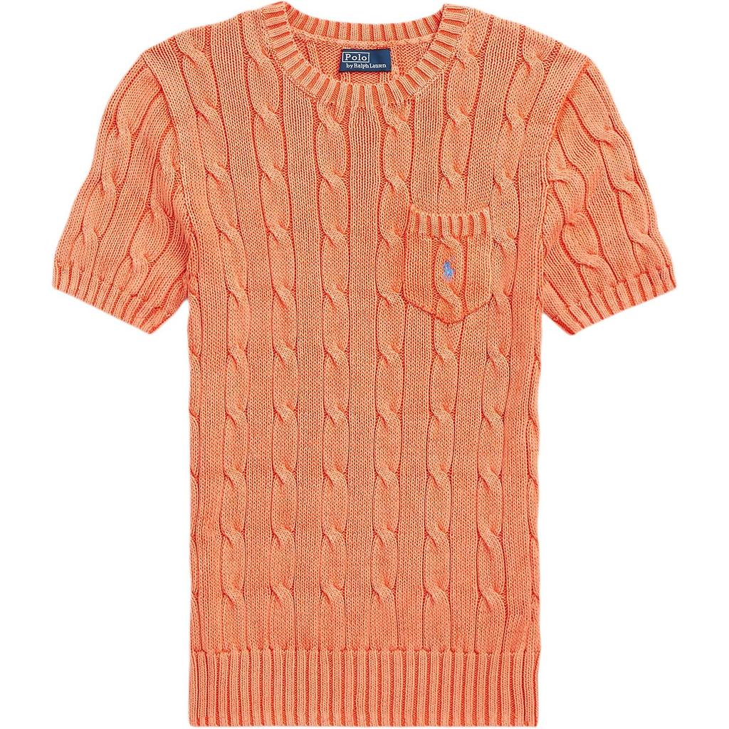Polo Ralph Lauren Solid Color Crew Neck Logo Embroidered Cable Knit Short Sleeve Sweater Women Tops Orange 211910987-016