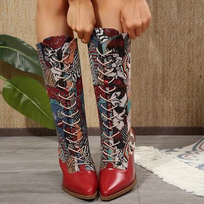 Chic Women's Embroidered Mid-Calf Boots with Chunky Heel - Pointed Toe, Lace-Up Western Fashion Booties