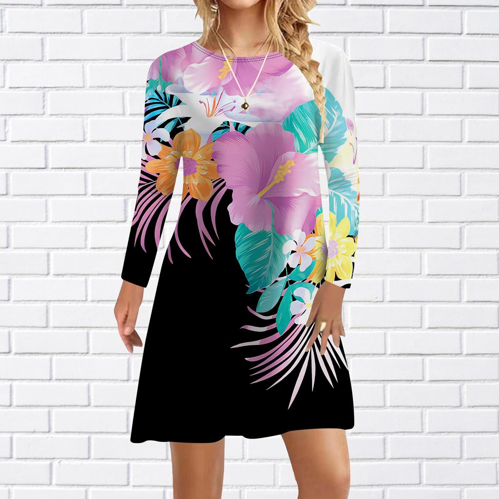 Women Casual Dress Autumn Blue Bamboo Leaves Print Dresses For Women O-neck Short Sleeve Dress Plus Size