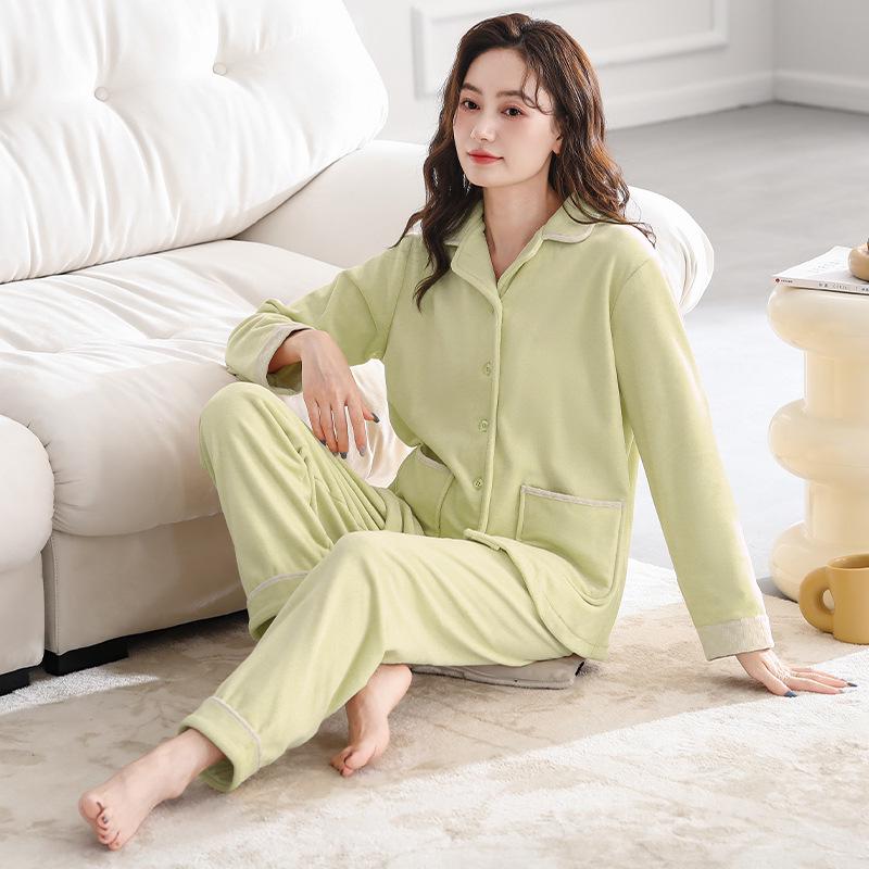 Women's Winter Coral Fleece Pajamas: Spring/Autumn Style, Plus Velvet Cardigan, Solid Color, Warm Sea Island Fleece Home Wear Set.