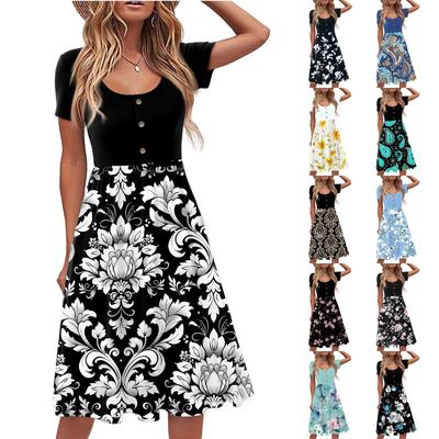 Mode Damen Sommer Vintage Blumenkleid Elegant Kurzarm Midi Kleid