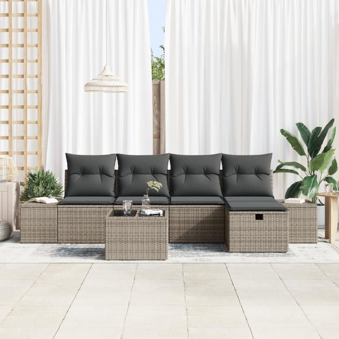 VidaXL Ensemble de Canapés de Jardin 6 Pièces avec Coussins Gris Poly Rattan 3359368